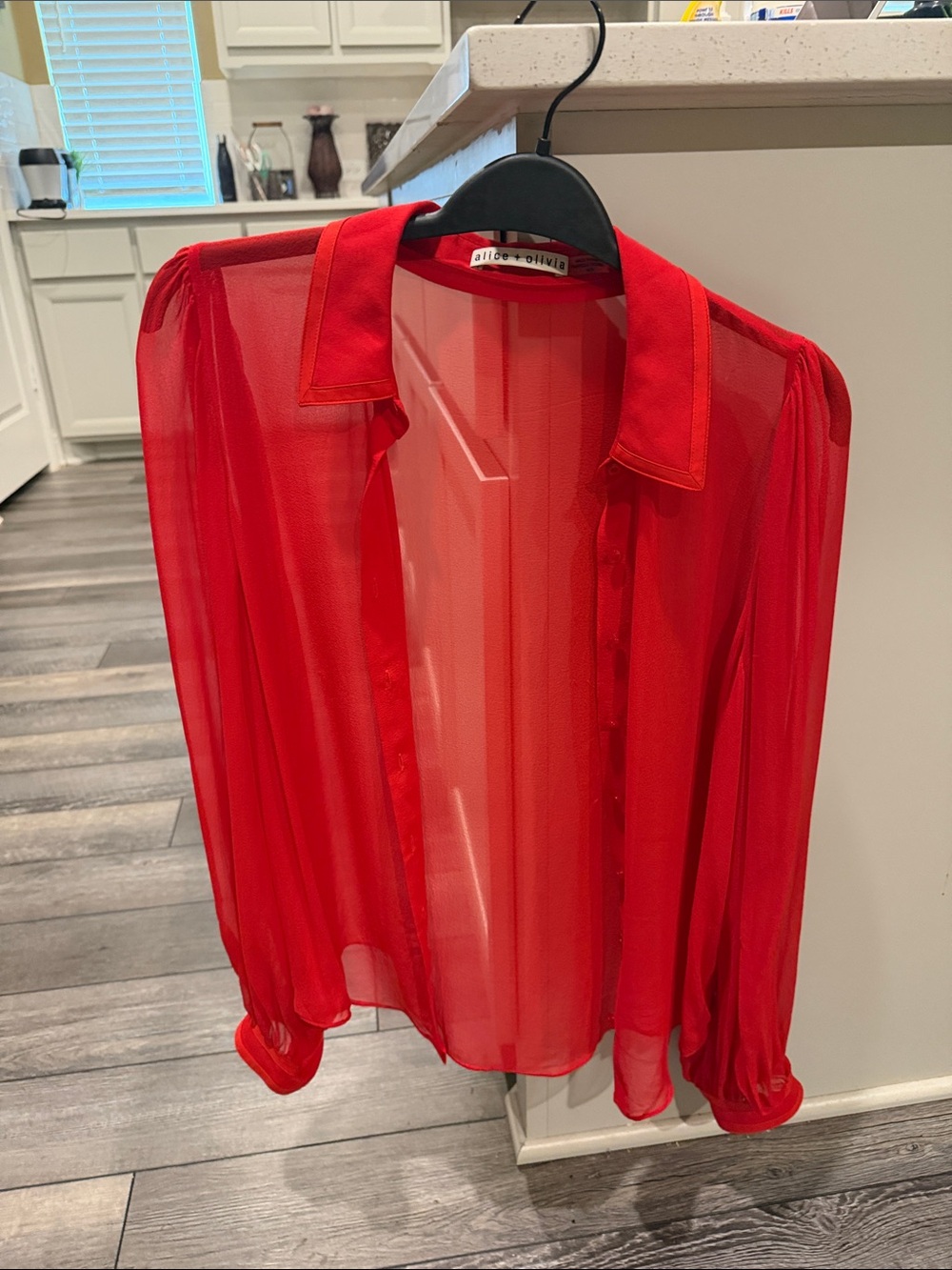 Alice + Olivia Sheer Red Long-Sleeve Button-Front Blouse- Size Medium. Like New
